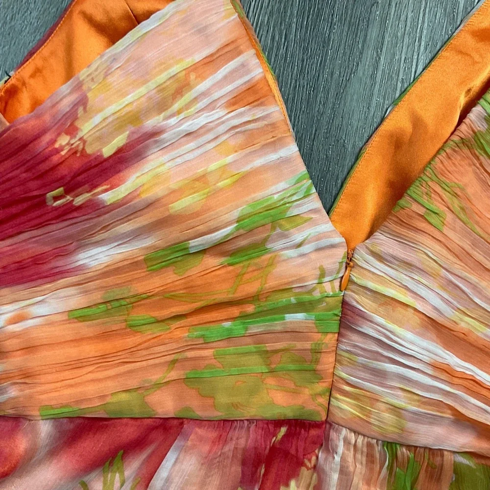 Laundry by Shelli Segal 100% Silk Watercolor Floral Dress Womens 4 Orange Pink - Picture 9 of 12